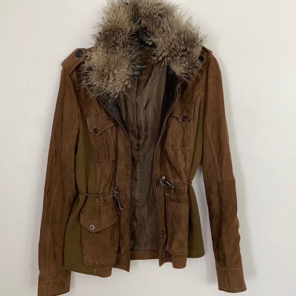 Stylist Archive | One of a kind Eddie Bauer Green Leather Suede Jacket Fur trim
